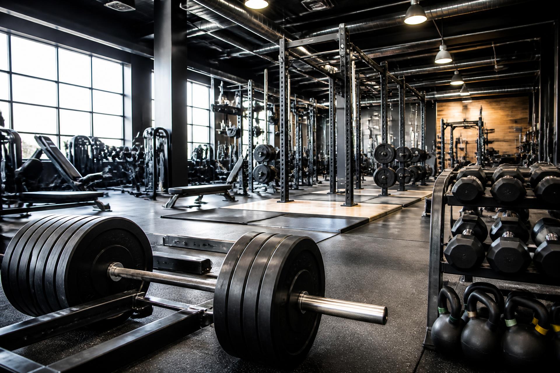 Warehouse-style strength training gym with racks and platforms